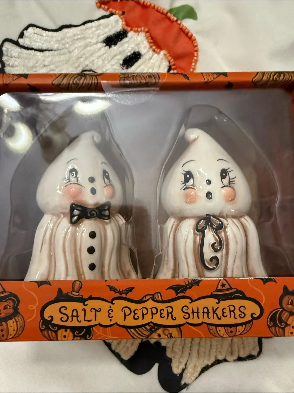 Johanna Parker Halloween Ghost Salt & Pepper Shakers - White Ceramic NWT